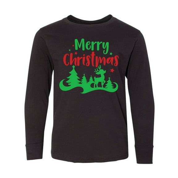 Inktastic Merry Christmas, Reindeer, Christmas Tree, Stars Long Sleeve Youth T-Shirt