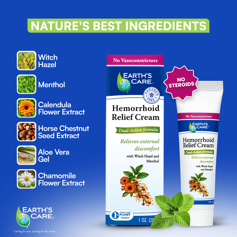 Earth's Care Hemorrhoid Relief Cream - Dual Action with Witch Hazel &  Menthol - 1 oz