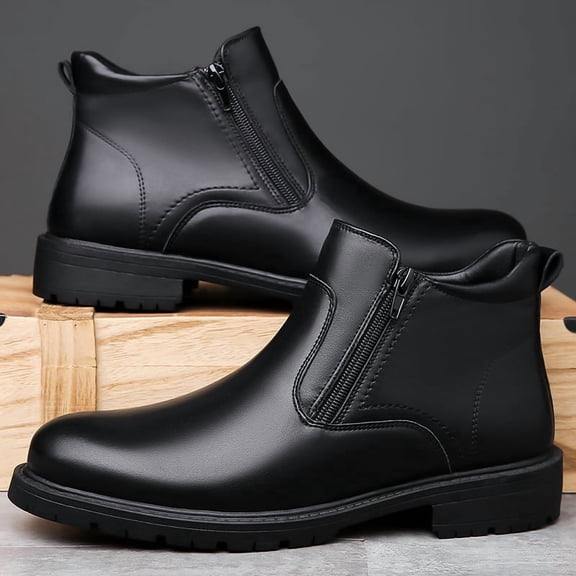 Men's Side Zipper Slip On Chelsea Ankle Boots, Round Toe Two Layer Cowhide PU Casual Dress Boots, Wear Resistant Lug Sole Short Boots