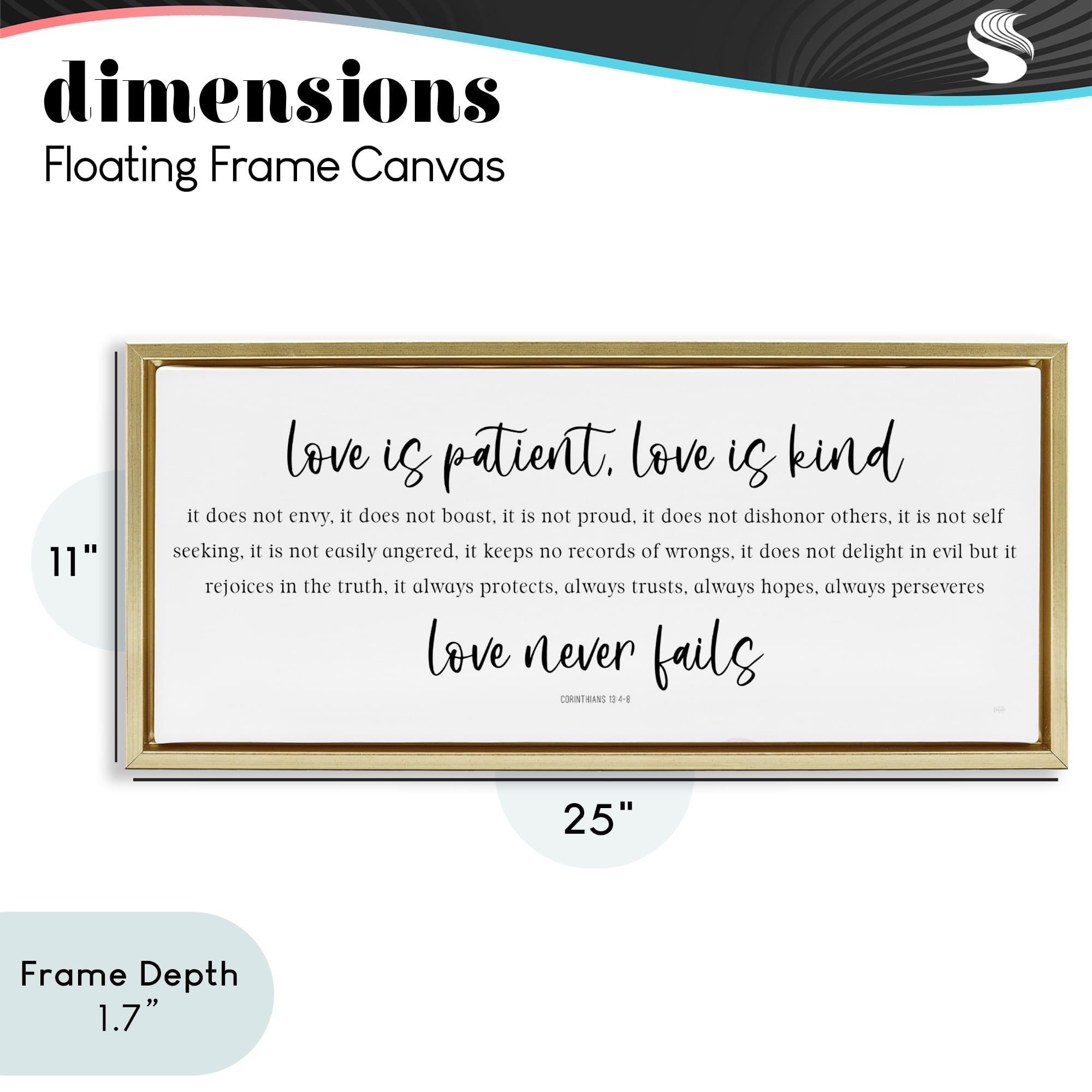 Stupell Industries Love Never Fails Proverb Gold Framed Floater Canvas Wall Art, design by Natalie Carpentieri