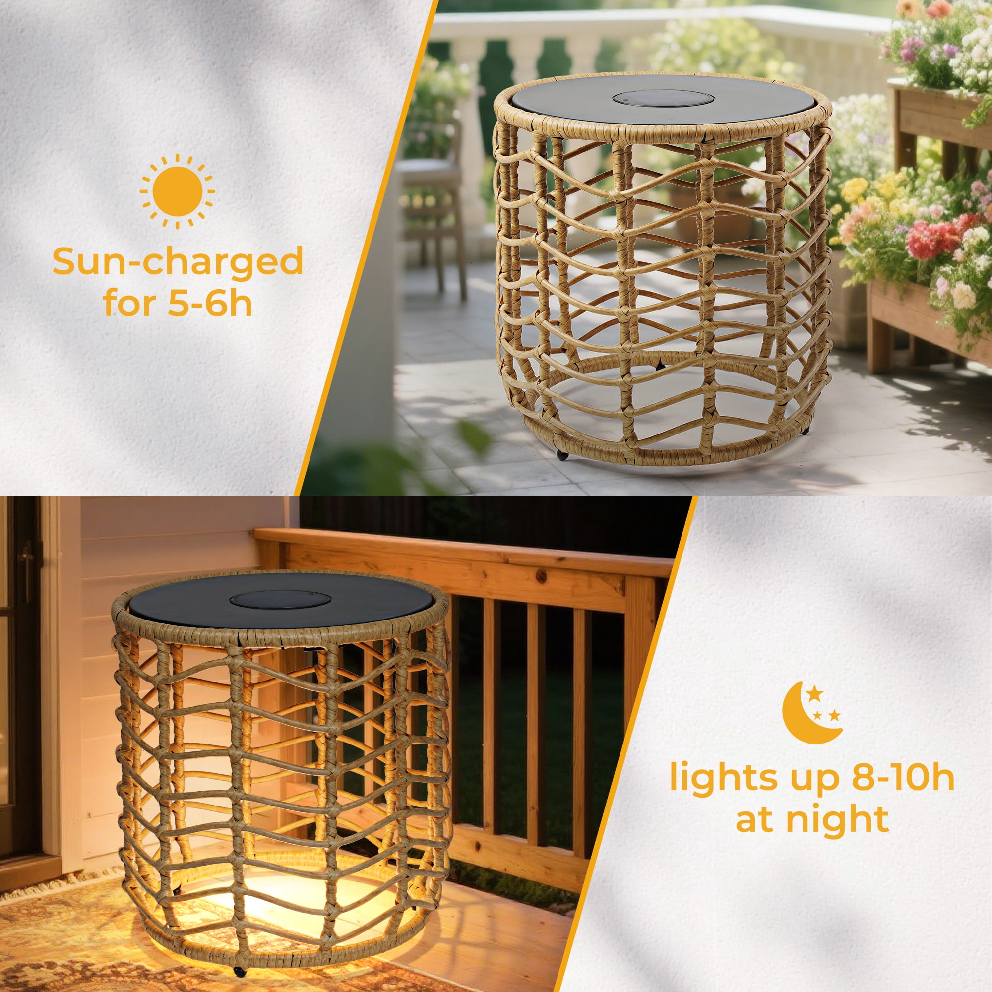 EVERITE Outdoor Wave Wicker End Tables Set of 2,Modern Boho Style with Built-in Solar Lights,Natural Brown