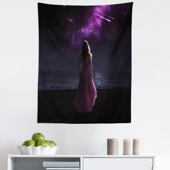 Women Tapestry, Night Scenery and Lady in Prom Dress Gown Watching Shooting Stars, Fabric Wall Hanging Decor for Bedroom Living Room Dorm, 5 Sizes, Dark Blue Grey and Purple, by Ambesonne