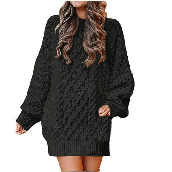 Honeeladyy Clearance under 10$ Womens Sweater Dress Long Sleeve Crewneck Dress Fall Clothes Solid Color Casual Pullover Knitted Jumper Short Dress