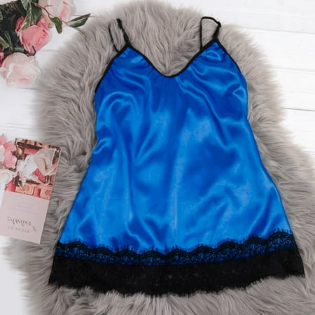 Nfurl Womens Satin Lingerie Nightgown Soft Silky Cami Sleepwear Elegant Lace Hem Nightdress Cozy Sleeveless Spaghetti Strap Nightgown Babydoll Chemise Negligee