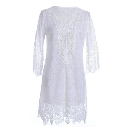S/M Fit White Floral Doily Lace Overlay Tear Drop Hem Web Bib Dress