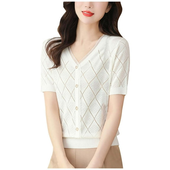 Women's Cropped Cardigan Puff Short Sleeve V Neck Button Sweater Top Soft Comfortable Casual Knitwear