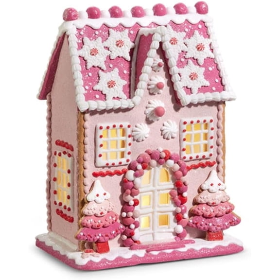 RAZ Imports Gingerbread House, 13-inch Height, Pink, Clay Dough, Christmas, Home Dcor