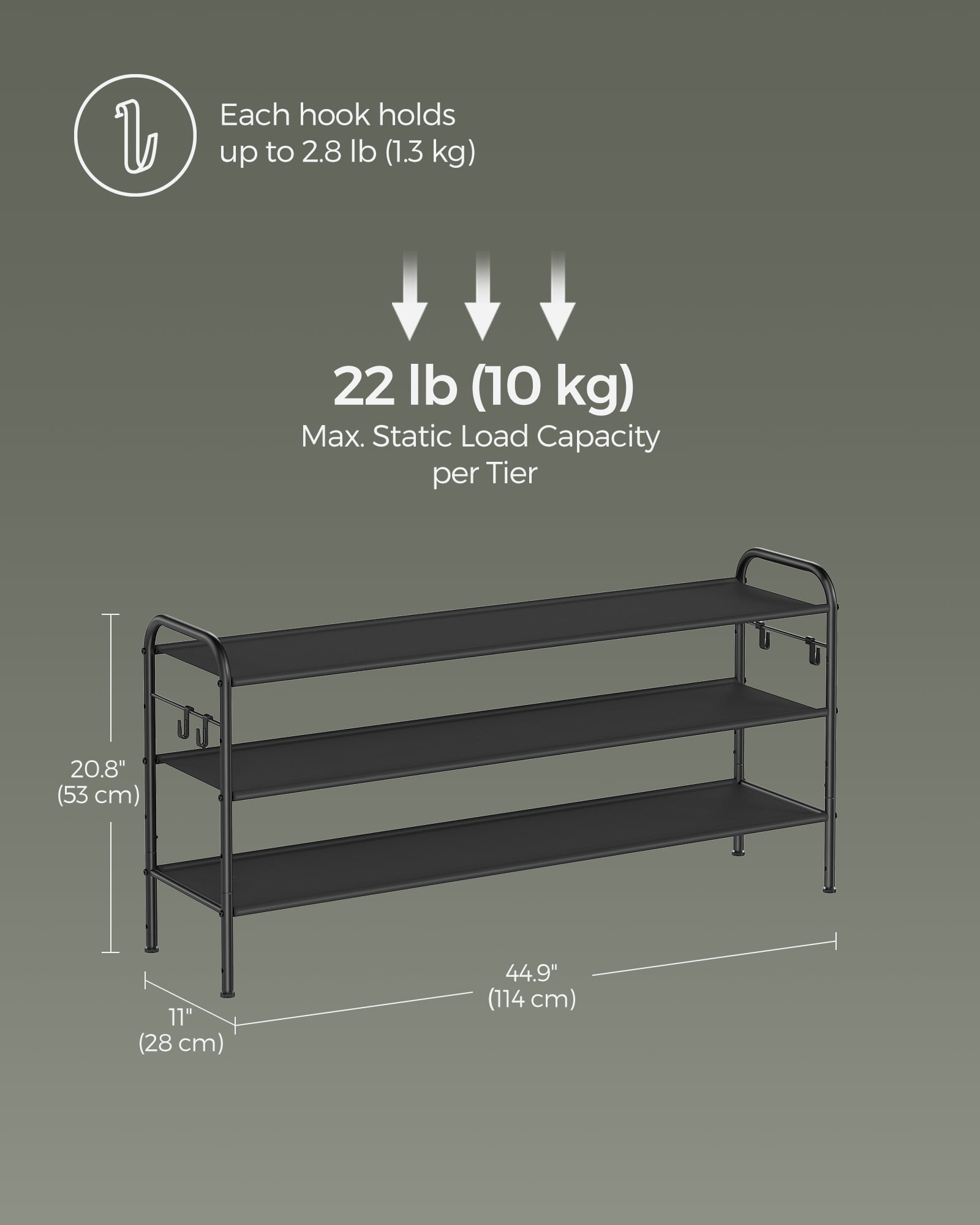 Shoe Rack, 3 Tier Shoe Organizer, Fabric Shoe Shelf Storage with 4 Hooks, Holds up to 18 Pairs of Shoes, Height-Adjustable Shoe Rack for Entryway, Hallway, Closet, Easy Assembly, Ink Black