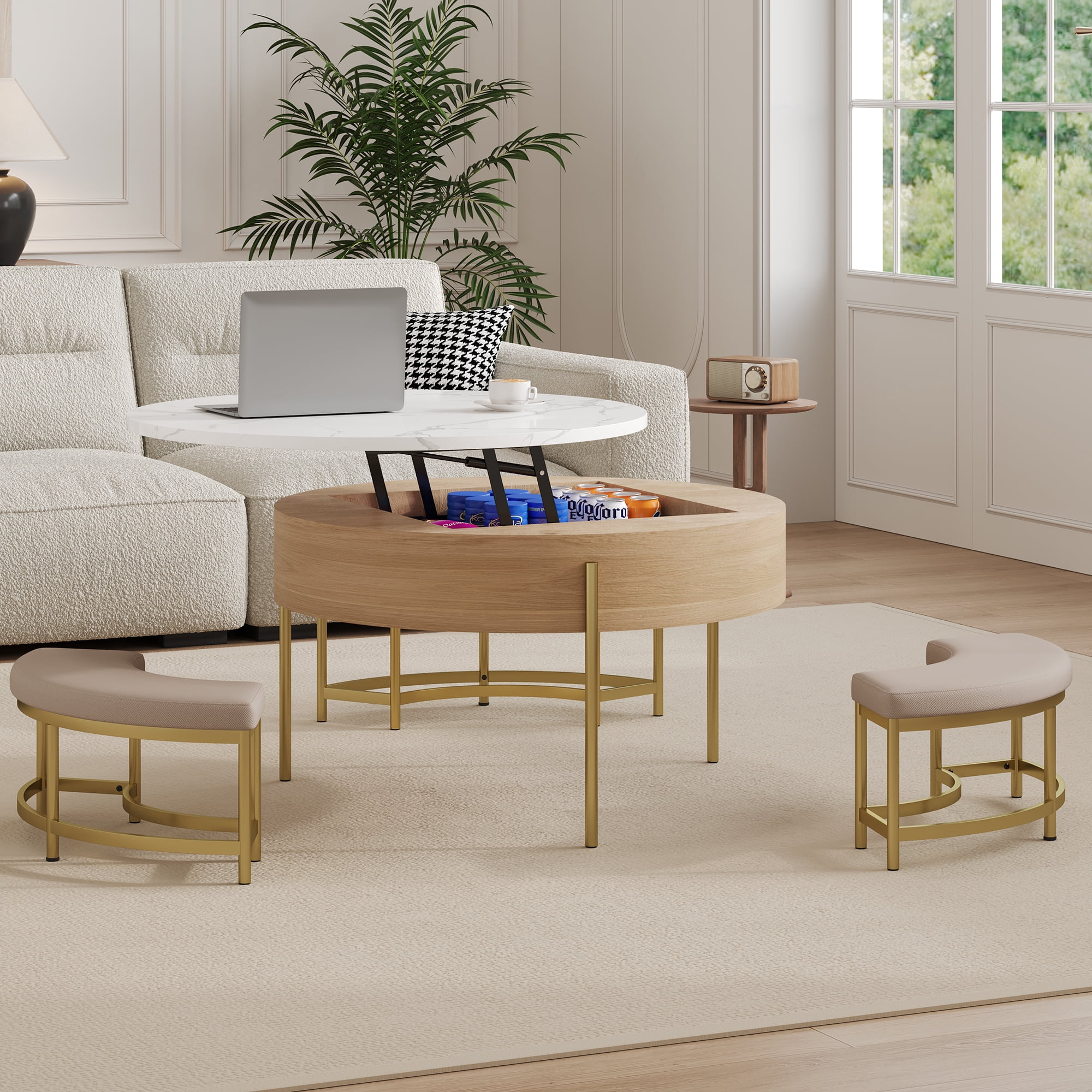 Harper & Bright Designs Round Lift-Top Coffee Table with Ottomans and Storage, Gold Center Table Set with Stools Underneath for Living Room, White & Natural