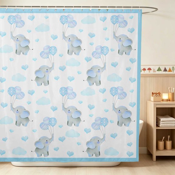 Erosebridal Baby Elephant Shower Curtain 72Wx72L for Girls, Blue Balloons Waterproof Bathroom Curtain