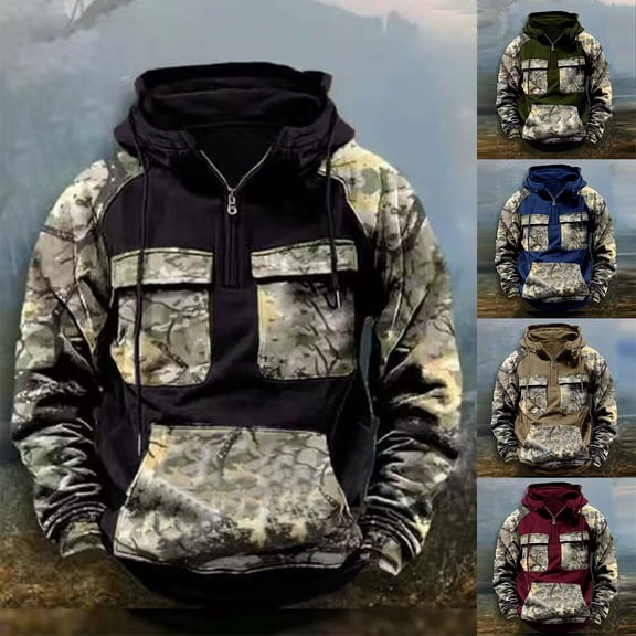 Men's Camo Cargo Quarter-Zip Pullover Hoodie, Vintage Casual Long Sleeve Sweatshirt with Pocket and Drawstring for Outdoor,Army Green,L