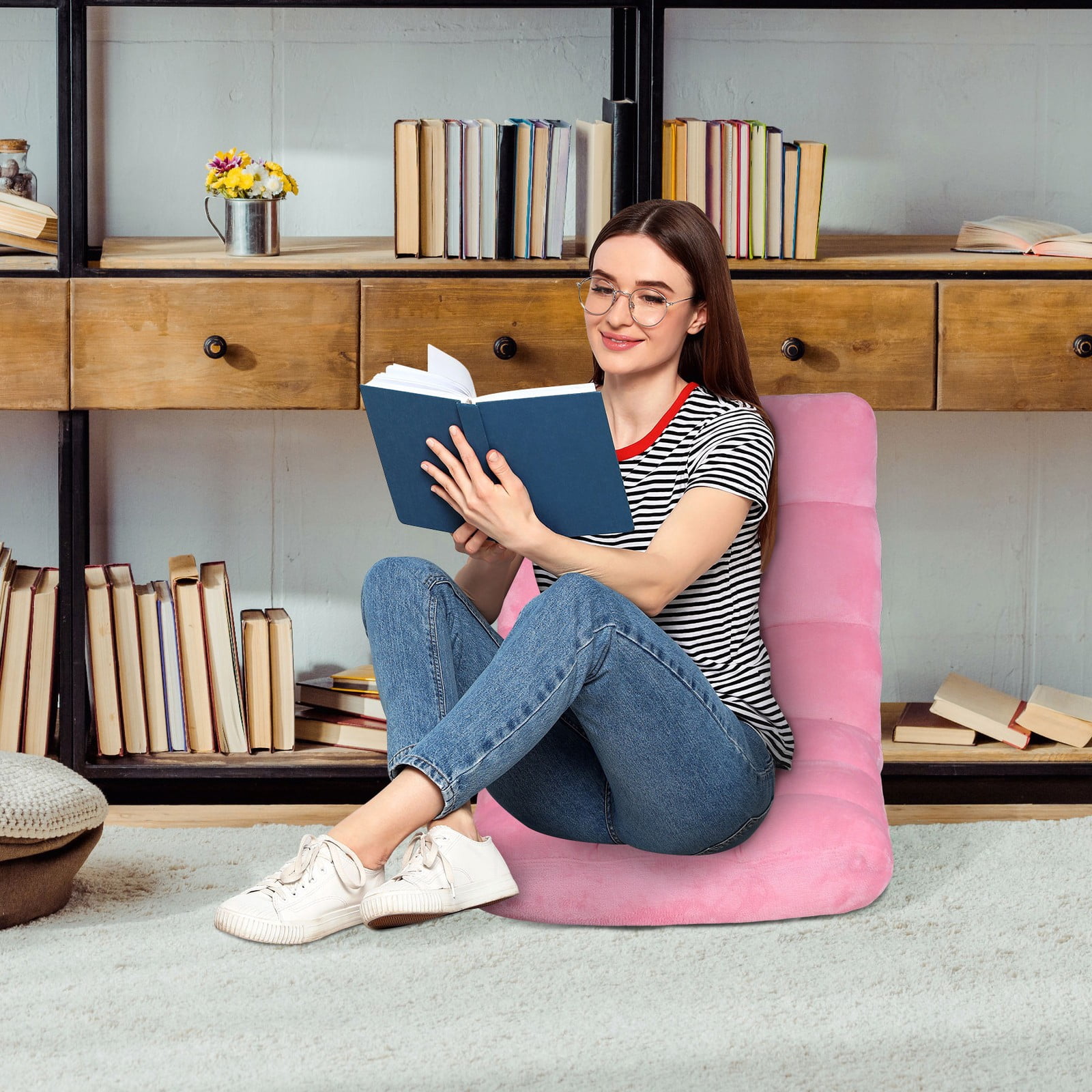 WDZS 14-Position Folding Floor Chair Gaming Sofa Cushioned Padded Reclining Bed Lounge Couch Seating for Comfy Reading, Reading, Gaming, Relaxing, Watching TV,Pink