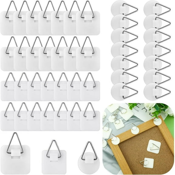 Duslogis 45 Pcs Adhesive Picture Hanger Foamboard Picture Hanging Hooks Without Nails Plastic Picture Hangers Sticky Hangers for Home Wall Art Picture Photo Frame Bathroom Closet Kitchen