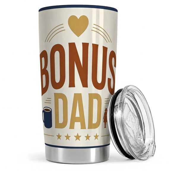 Bonus Dad Heart Icons 20oz Tumbler, Bonus Dad Tumbler, Stepfather Coffee Cup, Gold Brown Letters With Heart Mug Stars And Figure Accent, Blended Family Theme, Fathers And Stepparents