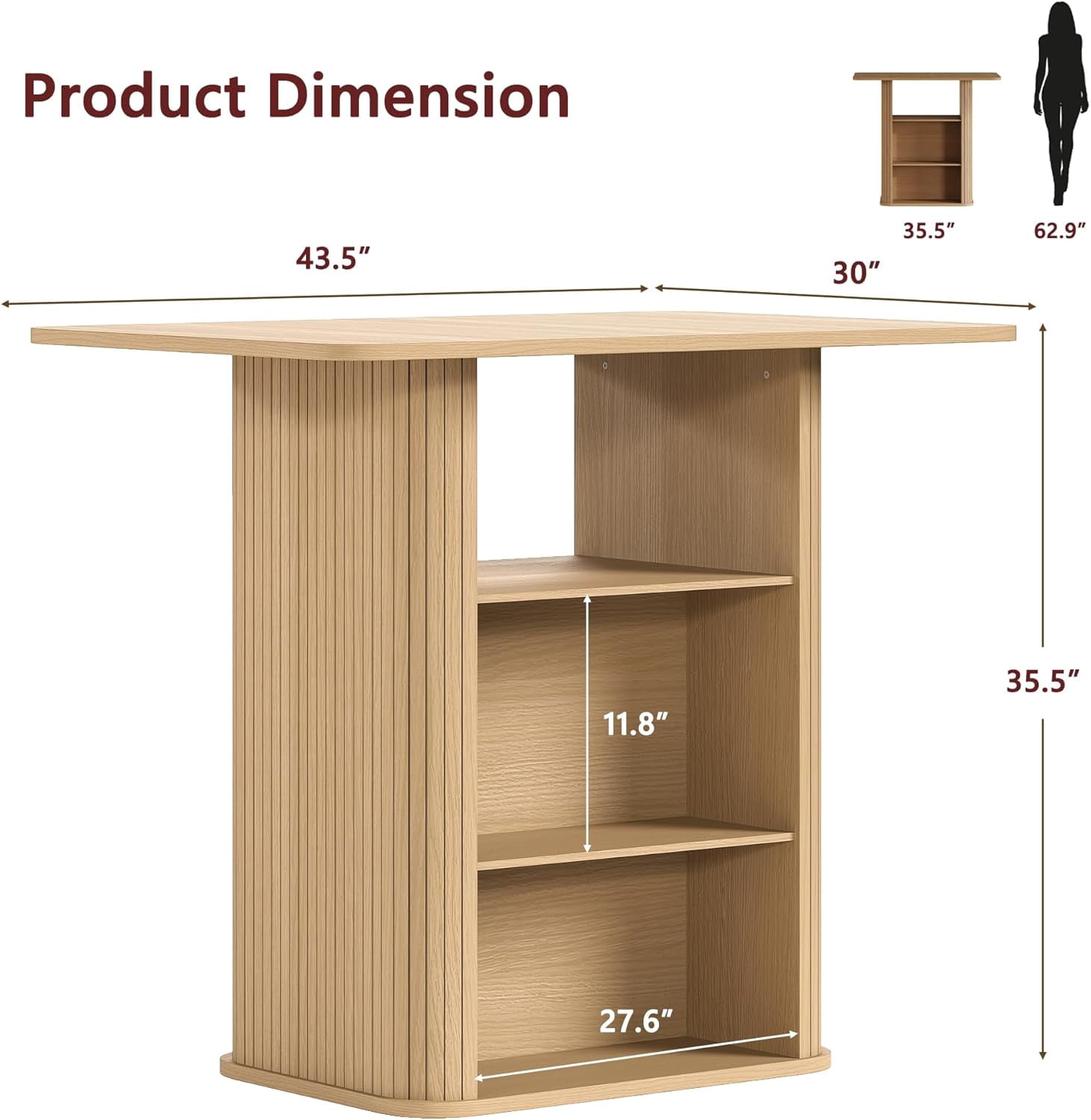 LAZZO 43.5" Kitchen Island with Storage, 3-Tier Farmhouse Counter Height Table, Rustic Wood Coffee Bar Table for Kitchen & Dining Room, Oak