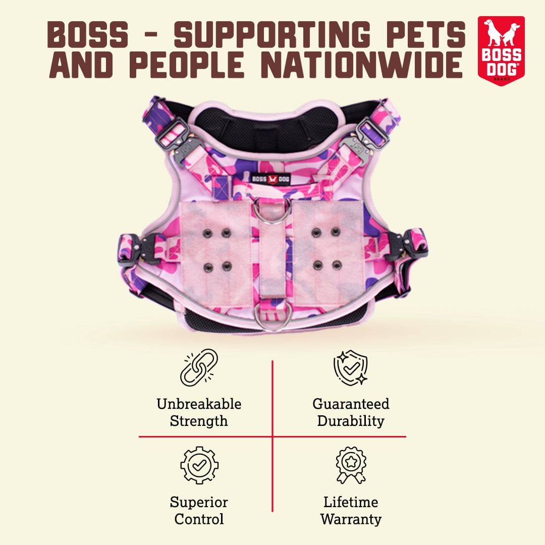 Boss Dog ProSeries Dog Harness No Pull Padded Reflective Durable Pink Camo, LG