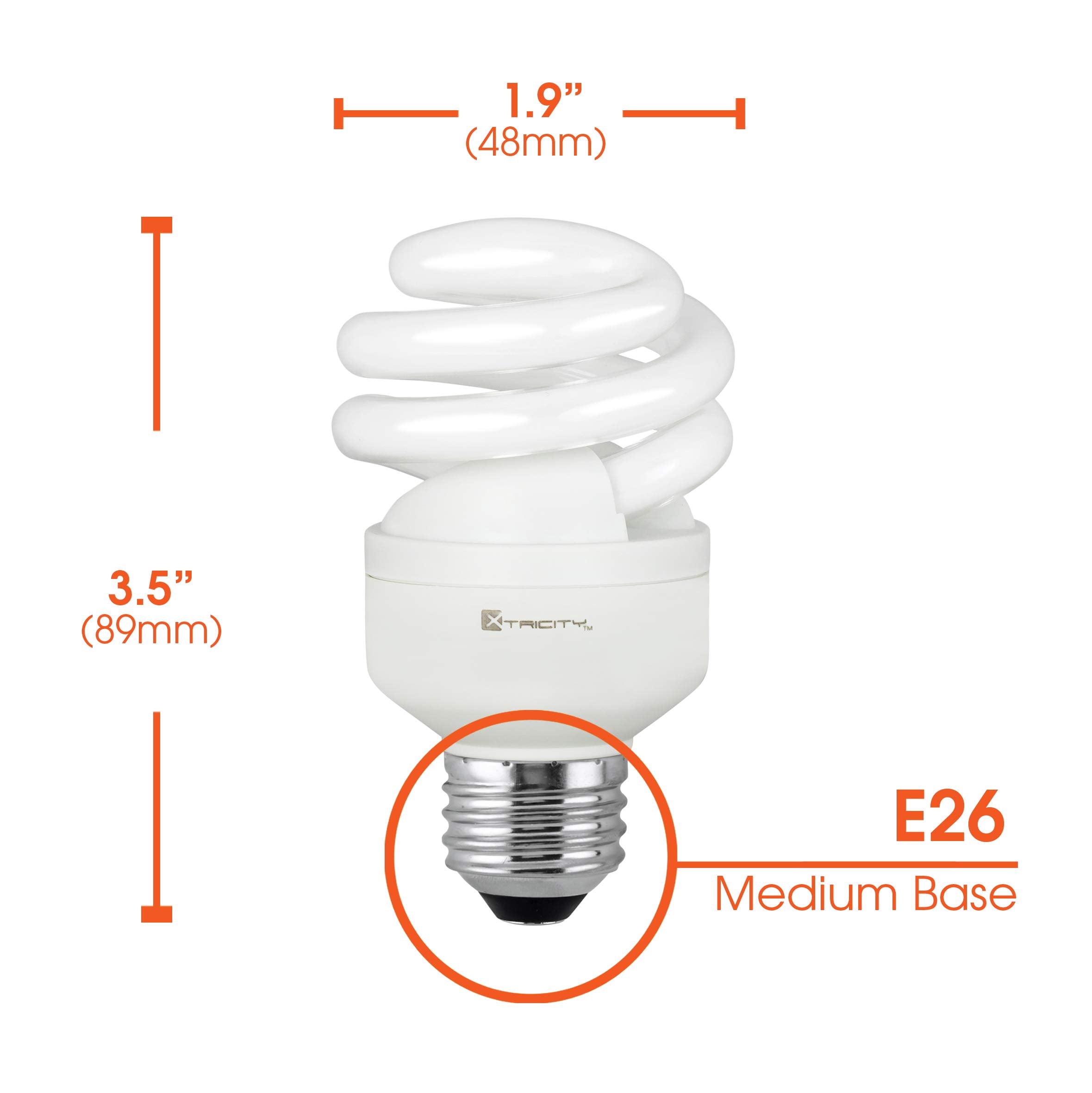 Xtricity Compact Fluorescent Light Bulb T2 Spiral, E26 Base, 4100k Cool White, 9W, (8 Pack)