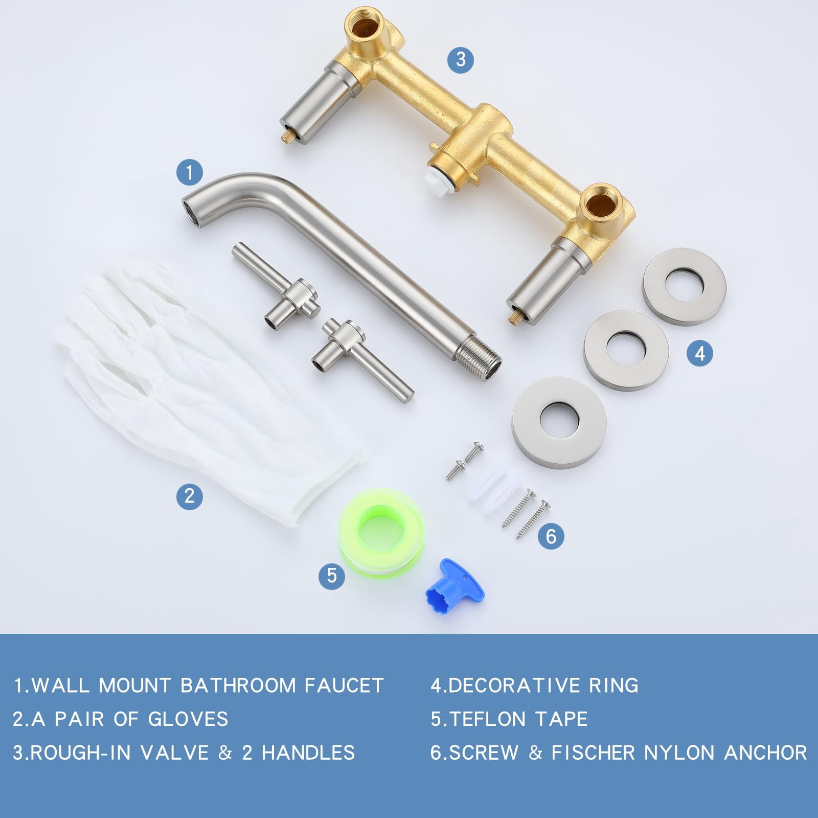 Wall Mount Tub Filler Brushed Nickel Two Handle Bathtub Faucet