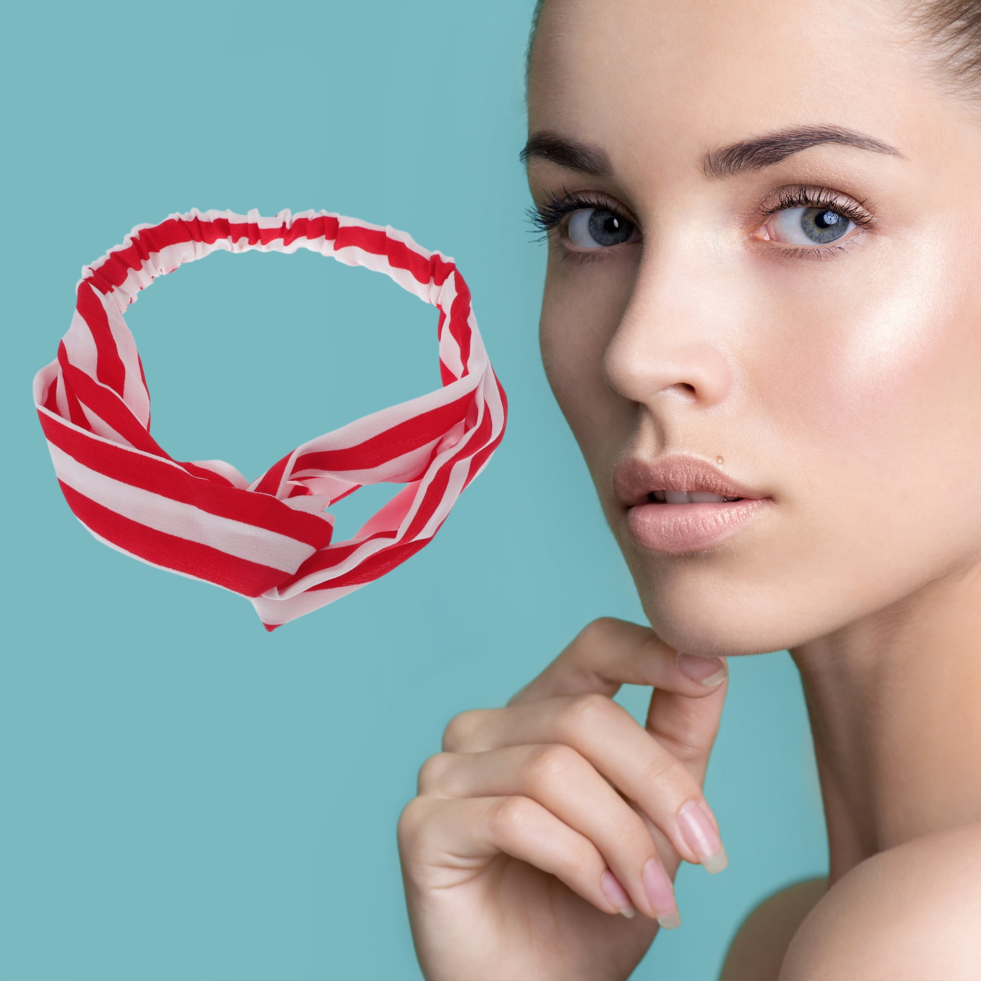 Unique Bargains Fashion Stripe Pattern Cross Elastic Hairband1 Pc White Red