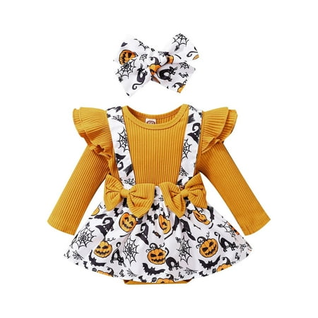 

Infant Girls Ribbed Long Sleeve Halloween Cartoon Prints Bowknot Romper Newborn Bodysuits Dress Headbands Casual Outfits For 18-24 Months