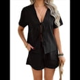 thumbnail image 1 of Conjuntos de Verano para Mujer: Camisetas con Cuello en V y Lazo Delantero, Pantalones Cortos Casuales A Juego, Conjuntos de 2 Piezas para Descansar en Vacaciones Negro M, 1 of 10