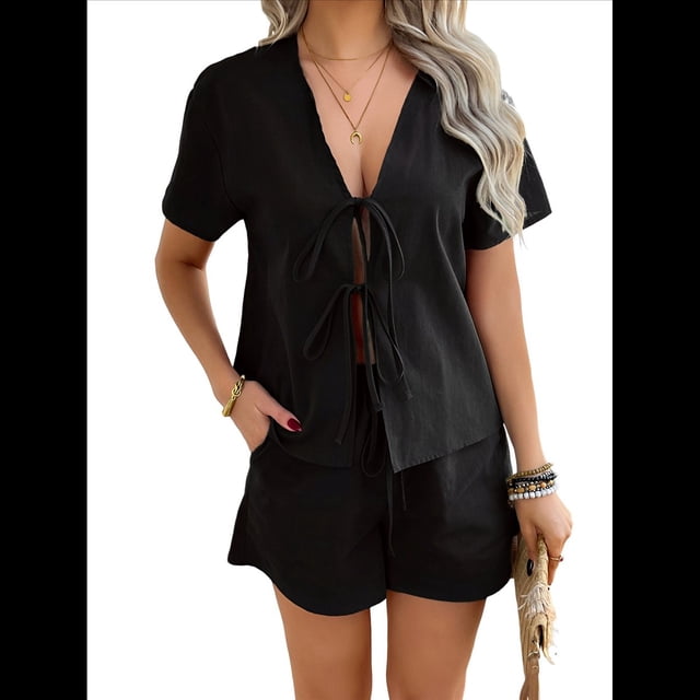 Conjuntos de Verano para Mujer: Camisetas con Cuello en V y Lazo Delantero, Pantalones Cortos Casuales A Juego, Conjuntos de 2 Piezas para Descansar en Vacaciones Negro M