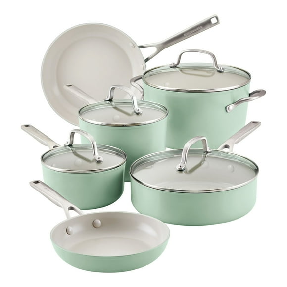 Bateria de Cocina 10pzs, KitchenAid. Aluminio anodizado. Antiadherente cerámico. Verde pistacho