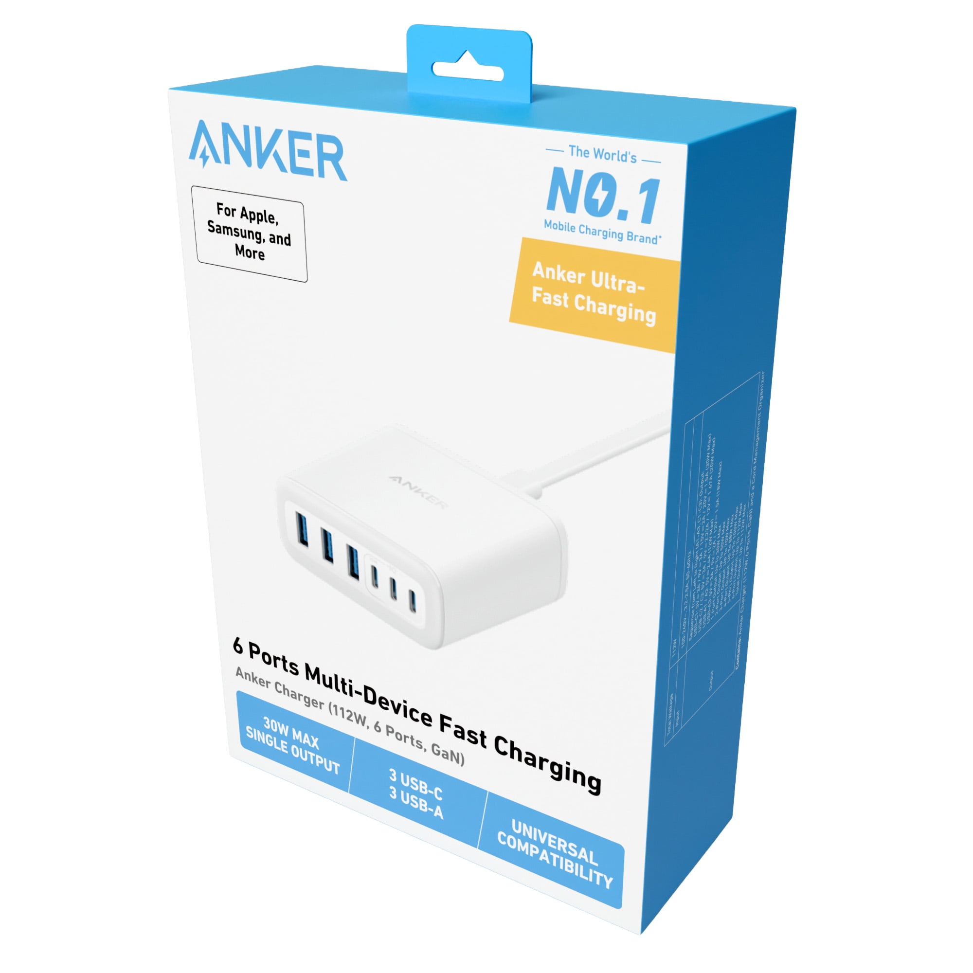 Anker 112W 6-Port Desktop Charging Station (USB-C/USB-A) Fast Charger, Cable Not Included