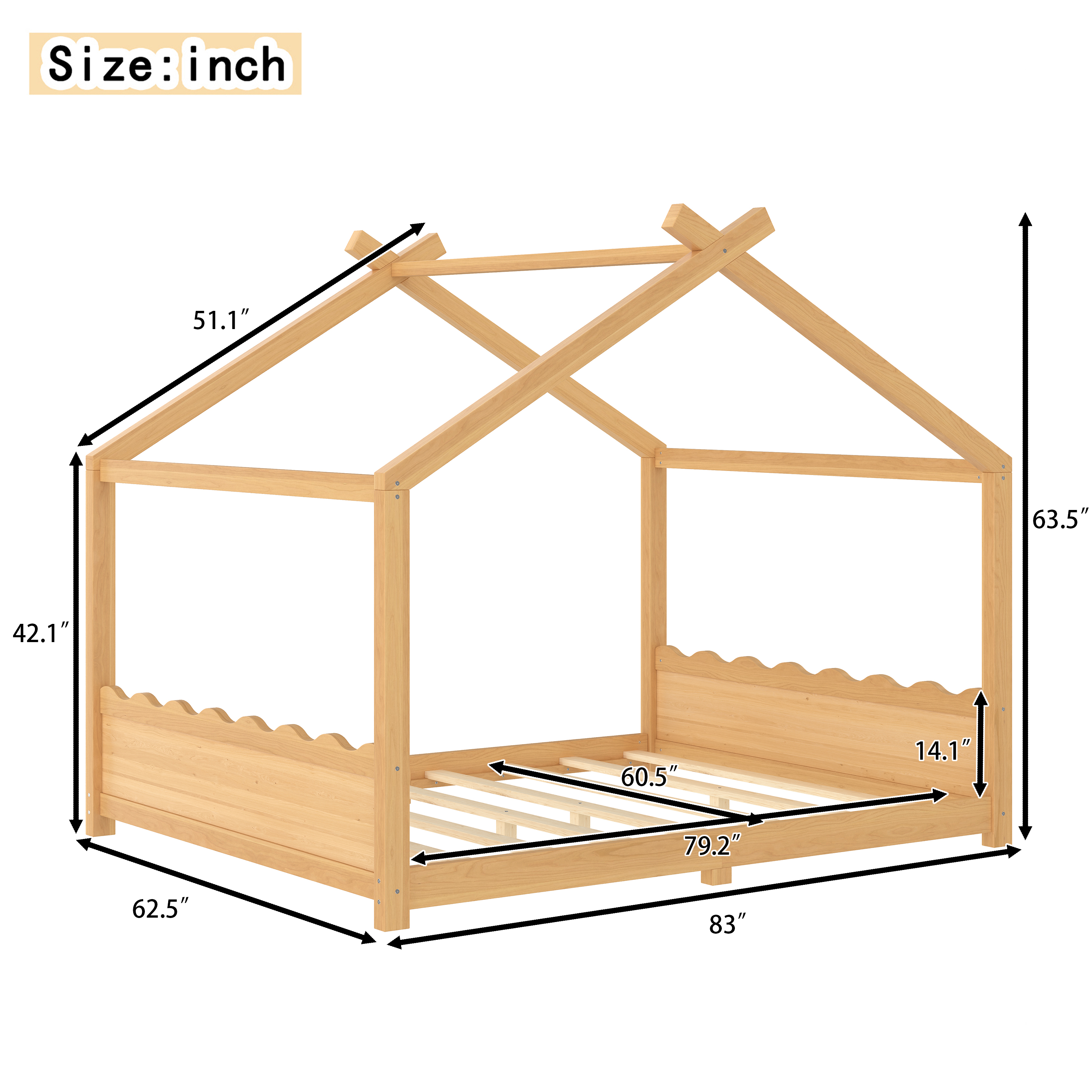 Yoneston Queen House Floor Bed with Roof, Solid Wood Platform Bed Frame with Opening Constructure for Kids, No Box Spring Needed, Natural