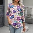 thumbnail image 6 of Women's Graphic Printed T-shirts 3/4 Length Sleeve Tees Crew Neck Spring Fall Summer Tops with Buttons (M, Purple), 6 of 7