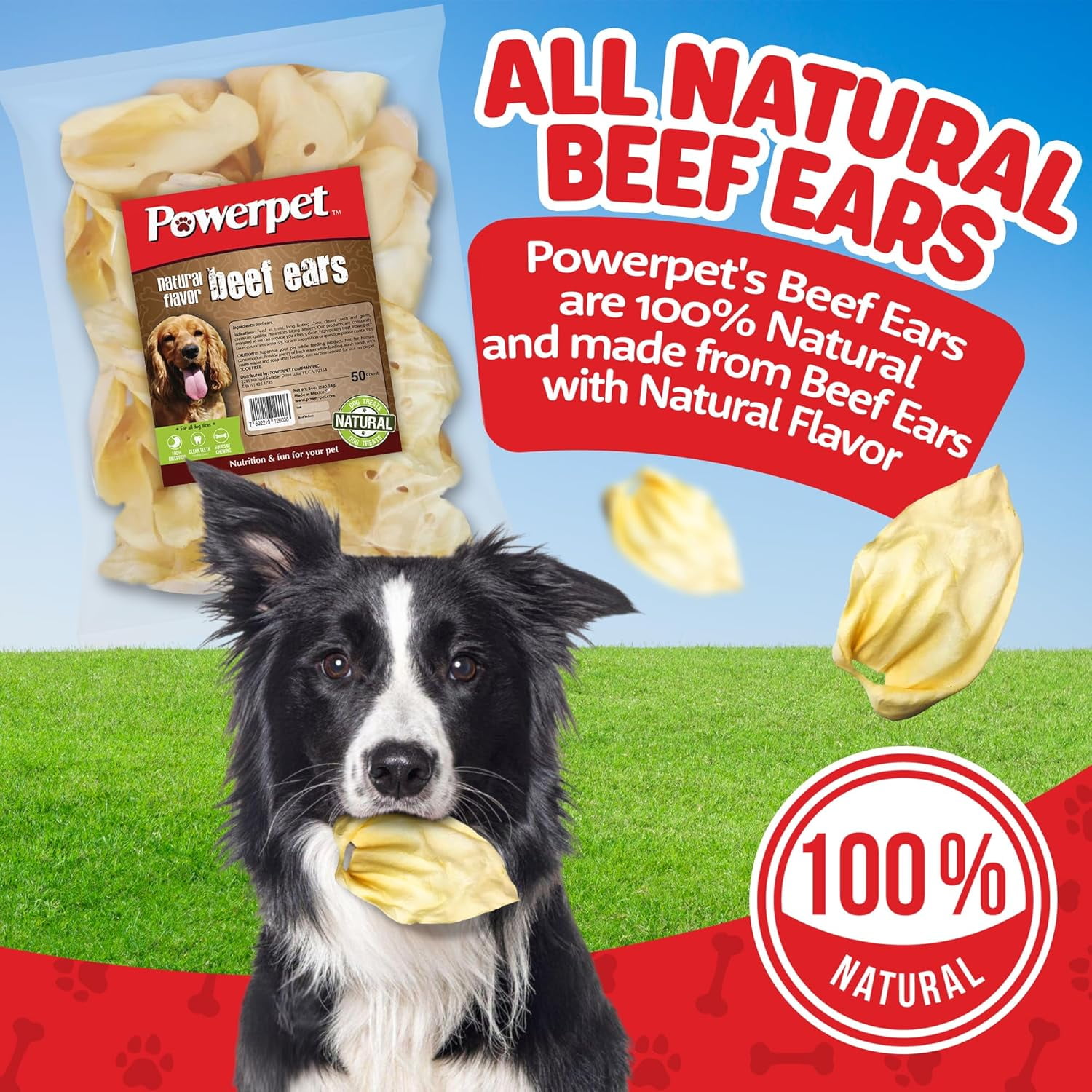 Powerpet Beef Ears, Dental Treats for Dogs - High Protein, Low Fat - 50 Pieces Bag
