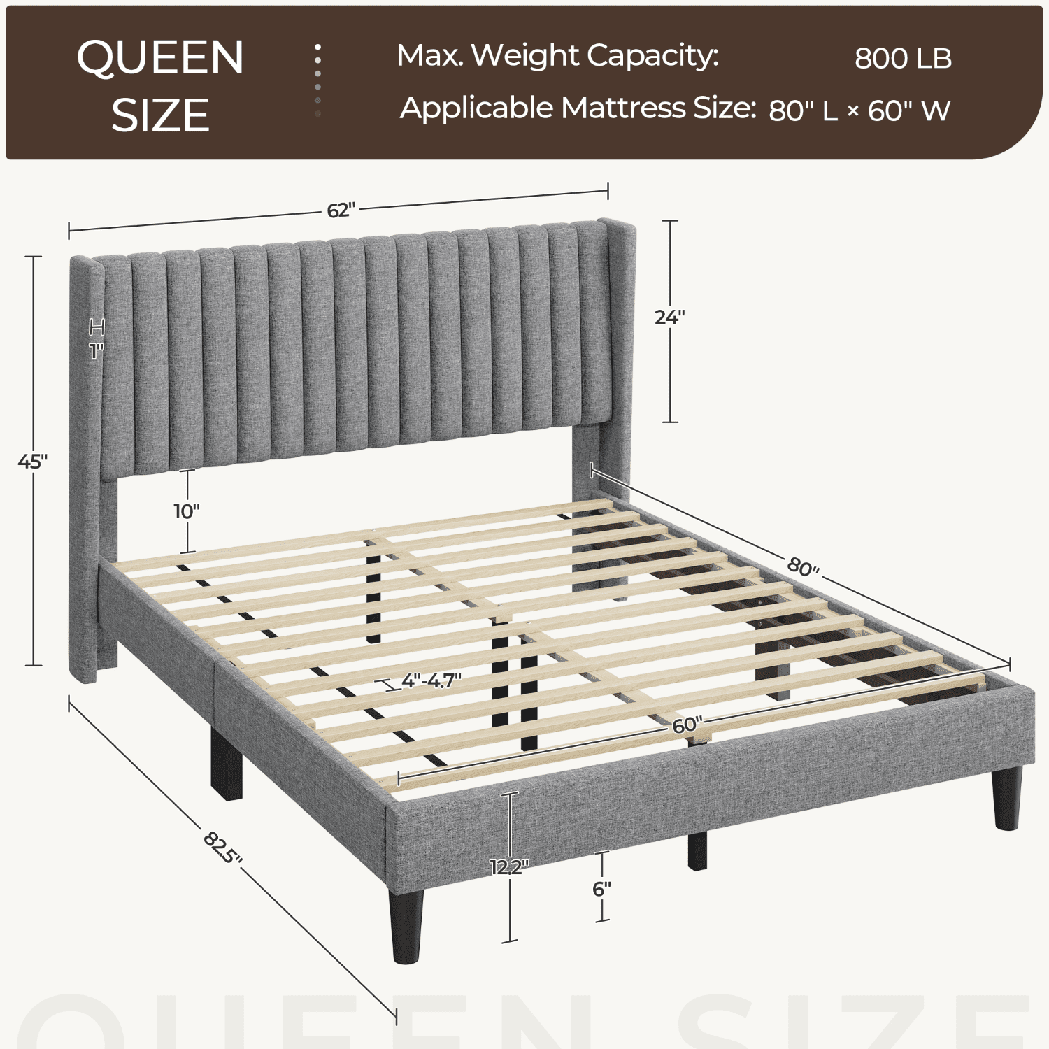 Renwick Fabric Upholstered Bed Frame with Channel Tufted Headboard, Light Gray