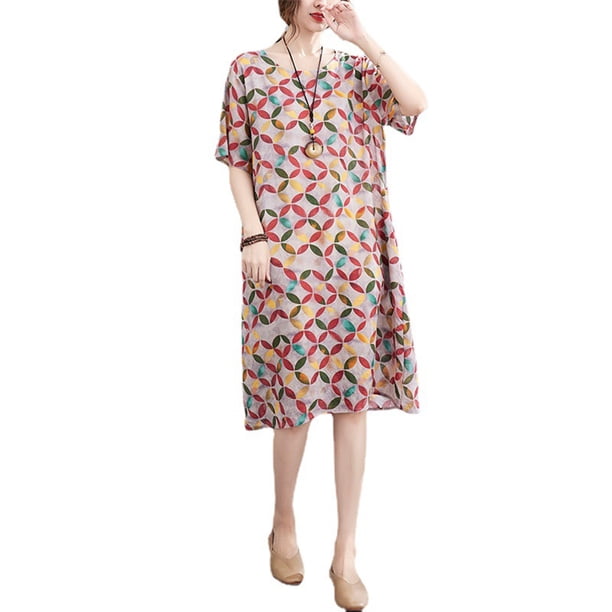 Vestido suelto de mujer Vestido bohemio con estampado floral con bolsillos Manga corta Cuello r Abanopi Vestido