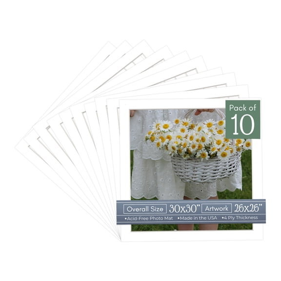 White Picture Frame Mat for 30x30 Frames - Fits 26x26 Photos - 10 Mats
