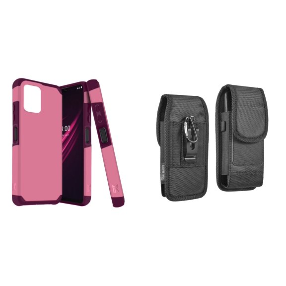 Case and Pouch Bundle for REVVL 6 5G: Dual Layer Slim Case (Pink Wine) and Vertical Rugged Nylon Belt Holster