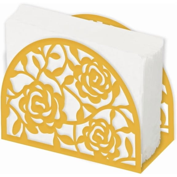 Rose Napkin Holder for Tables Yellow Metal Sserviette Holder Tabletop Cloth Tissue Paper Stand Freestanding Napkin Dispenser with Gasket for Kitchen Coffee Shop Dining Room 15x11CM Gold