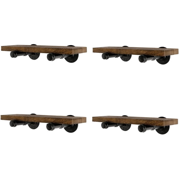 Wall Mounted Floating Shelves, Floating Shelves with Industrial Pipe Brackets Set of 4 Rustic Wood Storage Shelf for Bedroom Living Room Bathroom Kitchen Office and More (4, Brown)