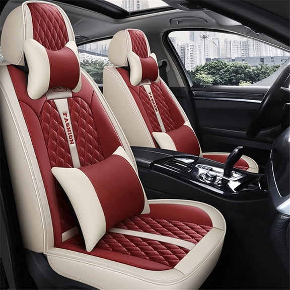 Luxury Martha Red PU Leather Car Seat Covers Front & Rear Headrest Pillow 7PC US