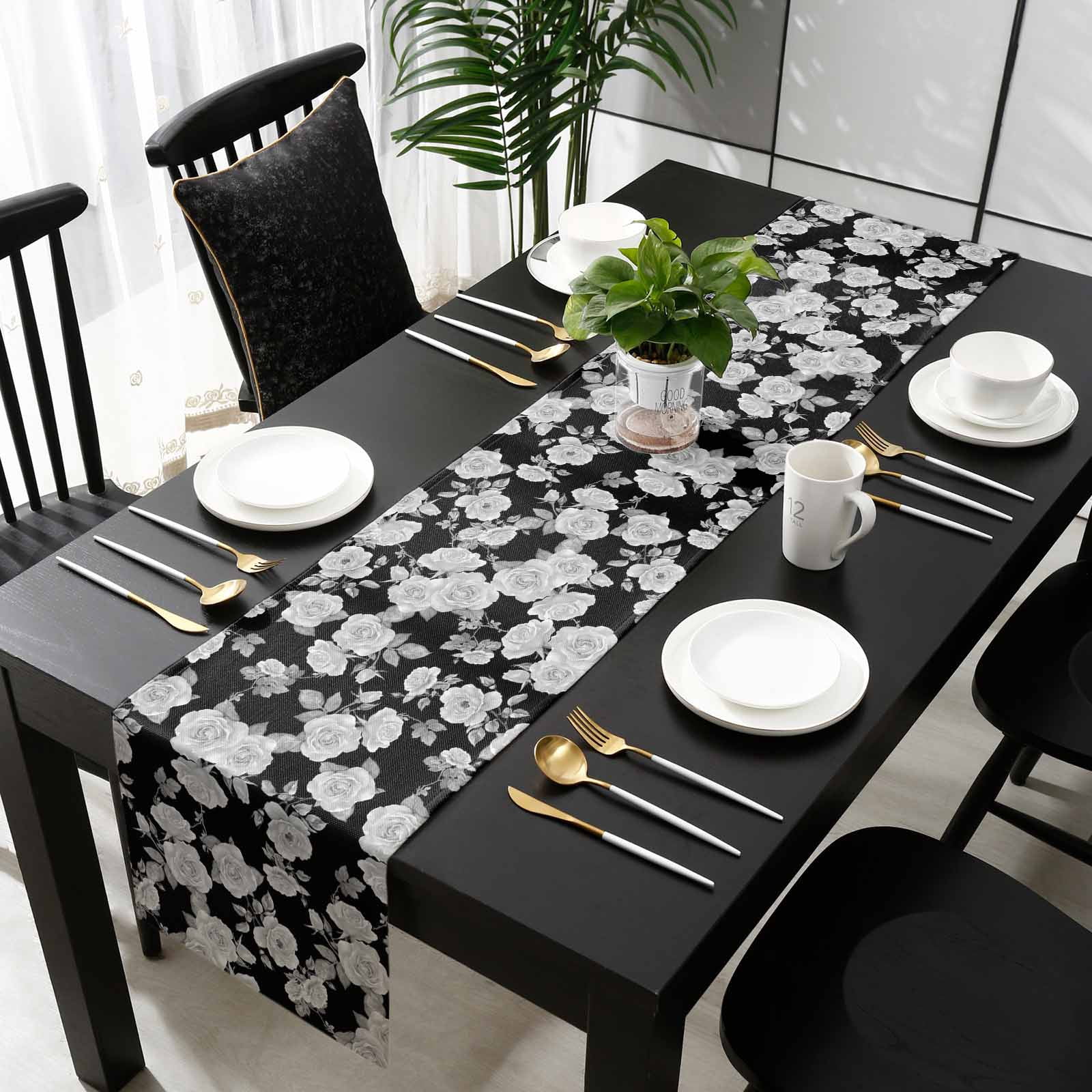 Black Floral Table Runner Cotton Linen 120 Inch Holiday Dresser Scarves, Farmhouse Garden Flowers Botanical Tablerunner for Kitchen Coffee Dining Bedroom Living Room Dinner Scarf Décor 13''x120''