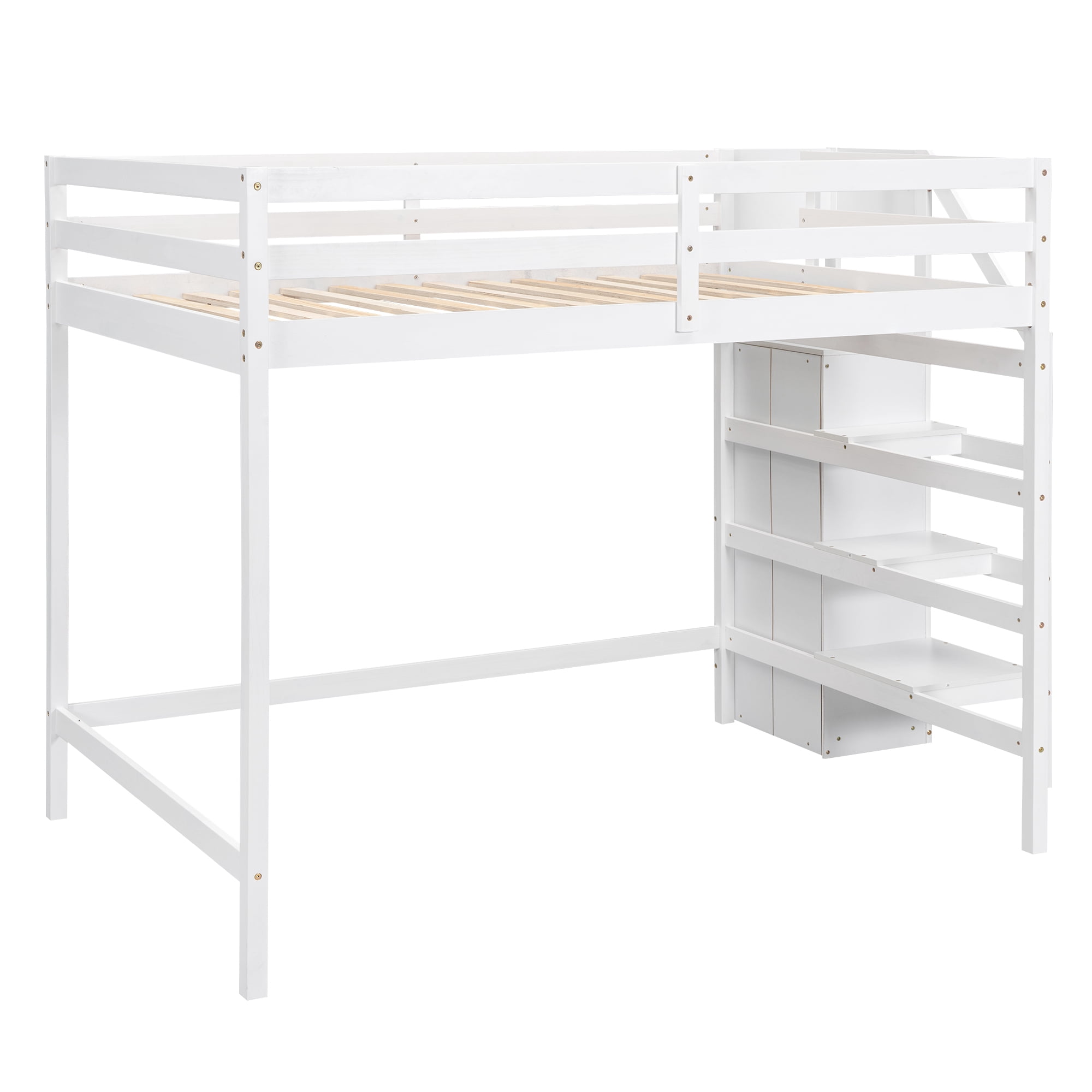 Euroco Wood Full Size Loft Bed with Storage Shelves and Wardrobe, White