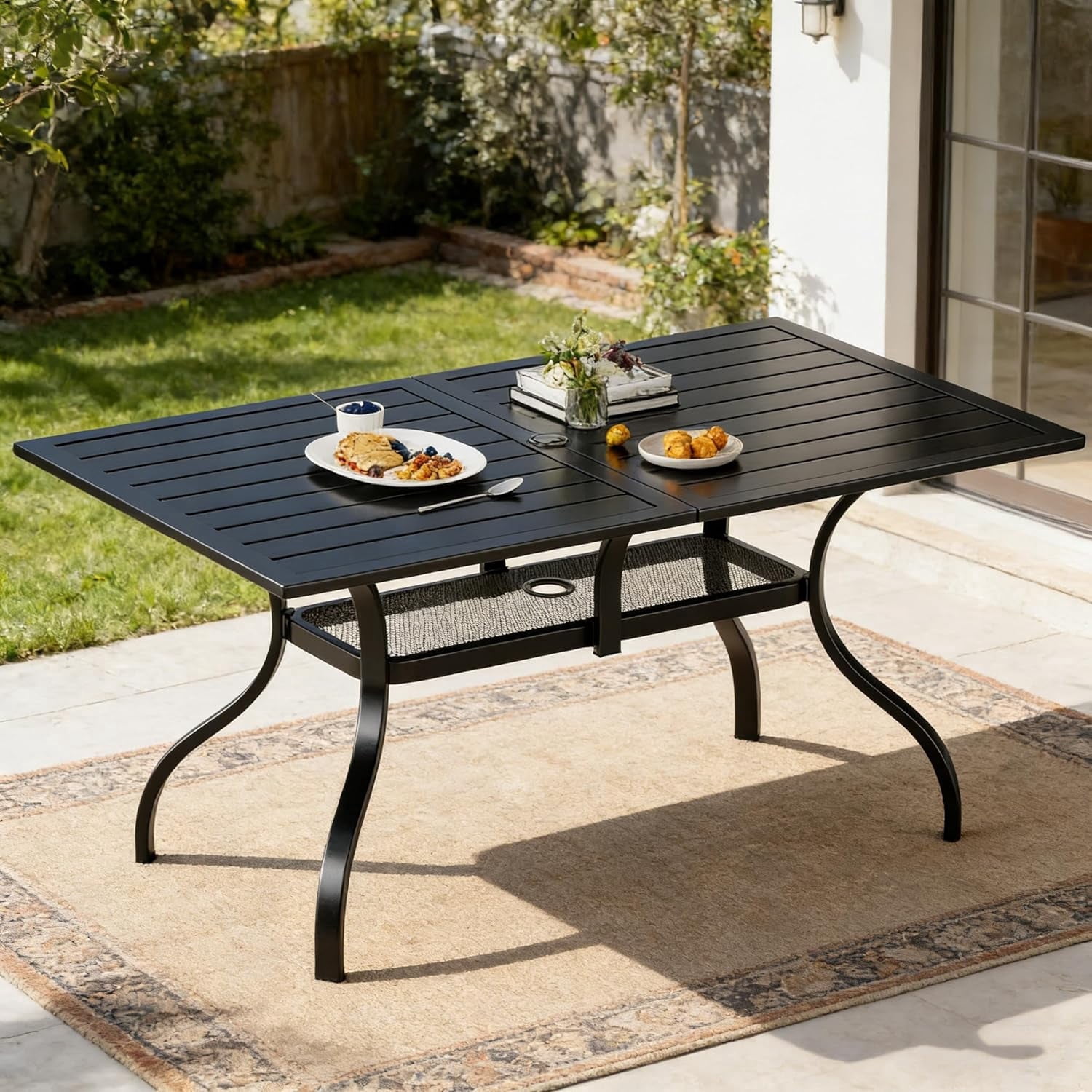 SOLAURA Outdoor Dining Table, 60" x 37"Outdoor Rectangular Metal Table with 1.57" Umbrella Hole, for Backyards, Porches, Gardens or Poolside, Black