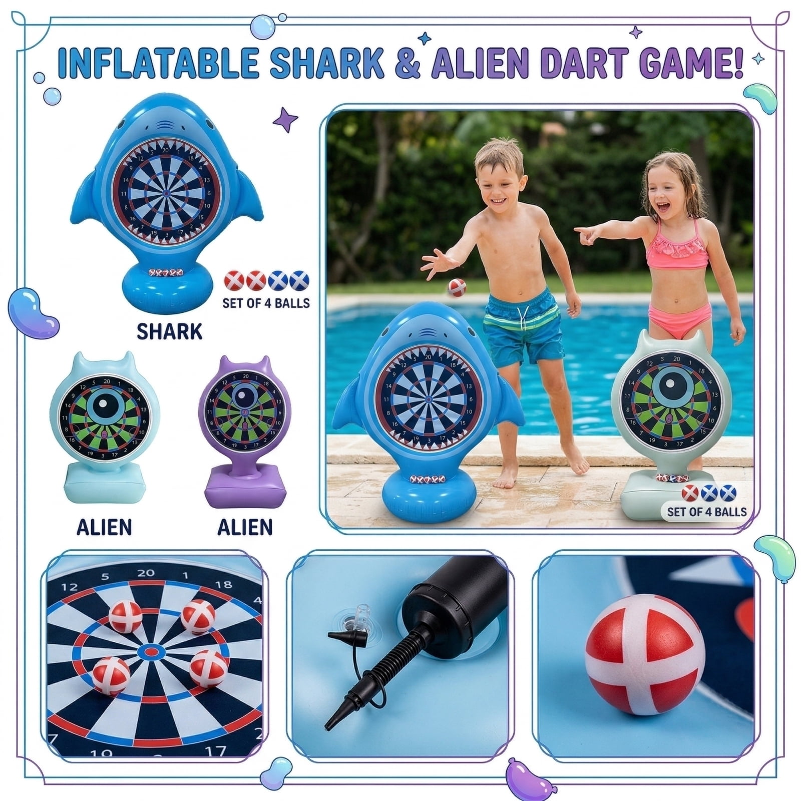 Inflatable Toss Game Set, Outdoor Lawn Darts for Pool Beach and Backyard, Waterproof Target with 6 Sticky Balls, Family Party Activity