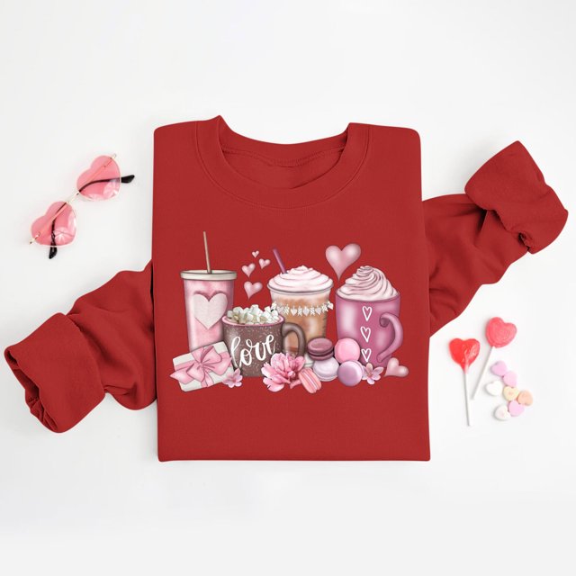 Amzcrzy Chandails en Molleton à Manches Longues pour Femmes Chemises pour Femmes Saint-Valentin Café Décontracté Imprimé Manches Longues Col Rond Chandail à Capuchon Imprimé Mode Chandail en Molleton Sans Tête S