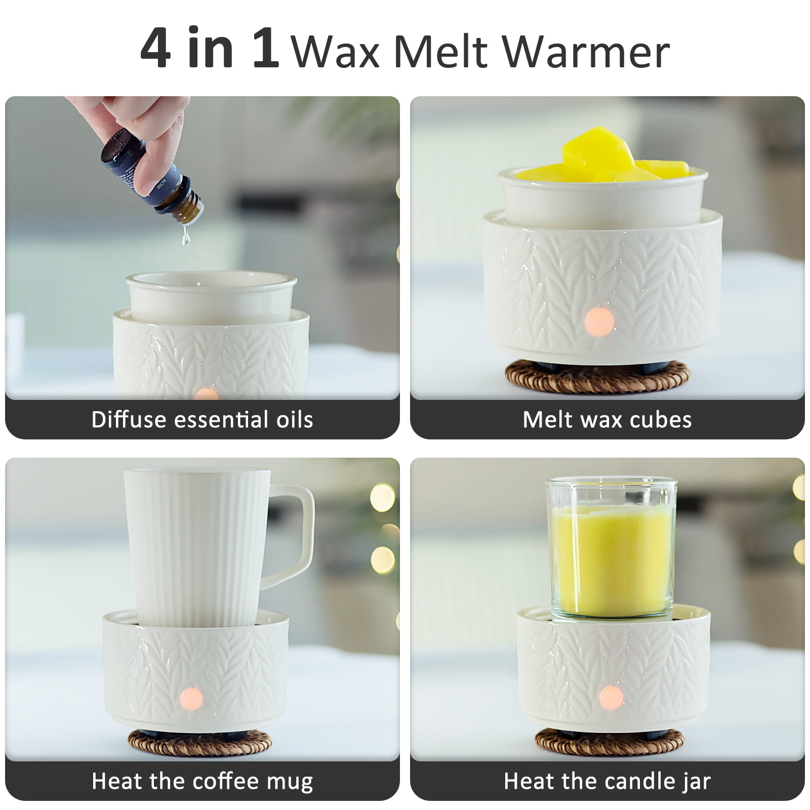 Kobodon Wax Melt Warmer, Candle Wax Warrmer for Scented Wax Burner, 3-in-1 Ceramic Wax Melter Warmer Electric Wax Melts Wax Cubes for Home Office