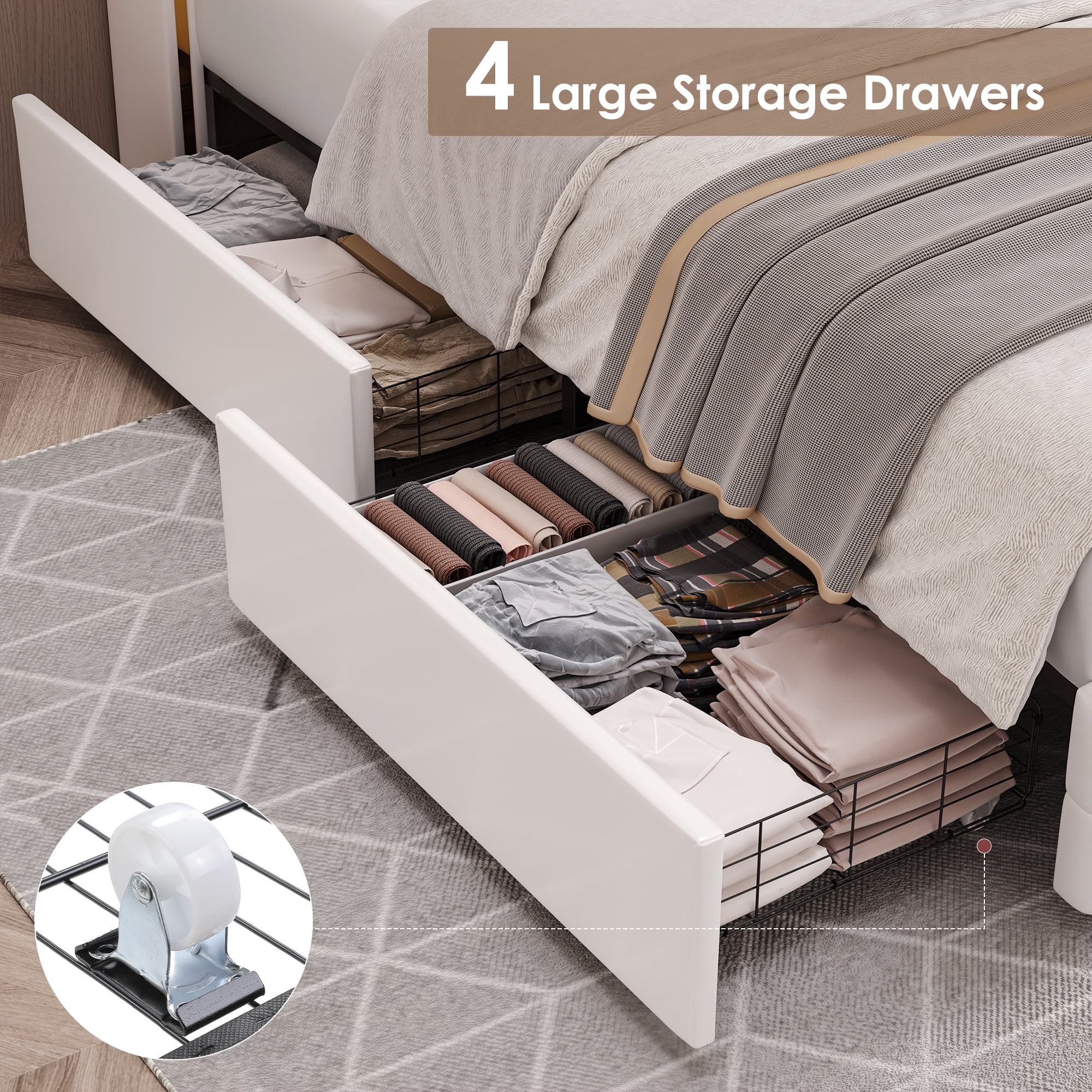 Homfa Twin Size LED Bed Frame with 4 Storage Drawers, PU Leather Upholstered Platform Bed with Crystal Buttons Headboard, White