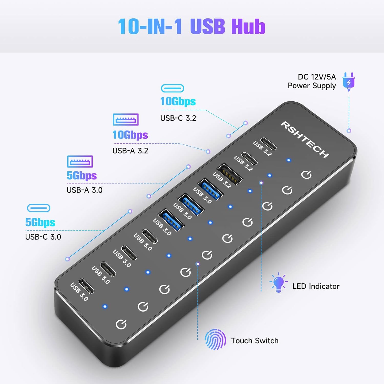 10 Ports Powered USB 3.2/USB C Hub Splitter 60W with 3 x 10Gbps USB 3.2 Ports (2C + 1A),7 x USB 3.0 Ports (4C + 3A), 3.3ft Cable and Individual Touch Switches for Laptop PC