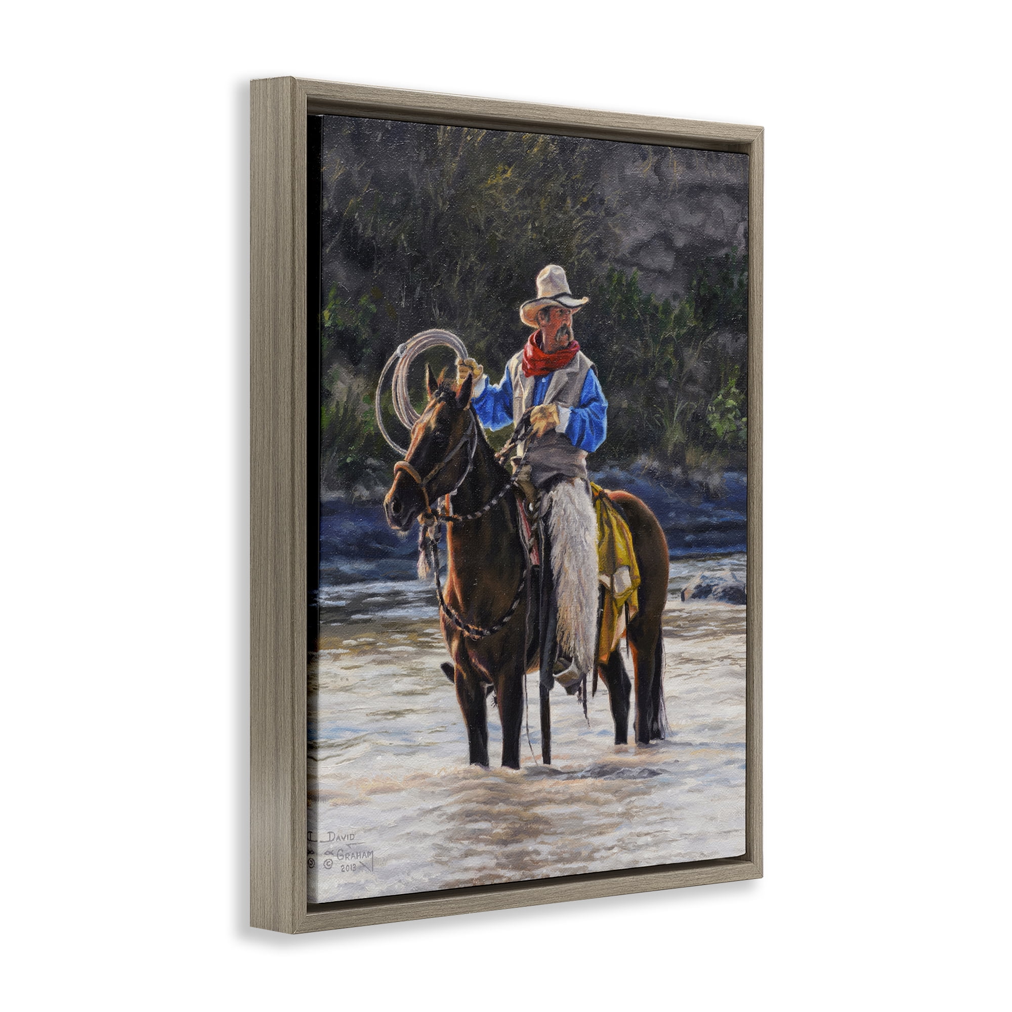 Stupell Industries Cowboy & River Passage People Painting Brown Floater Framed Canvas Art Print Wall Art, 17 x 21