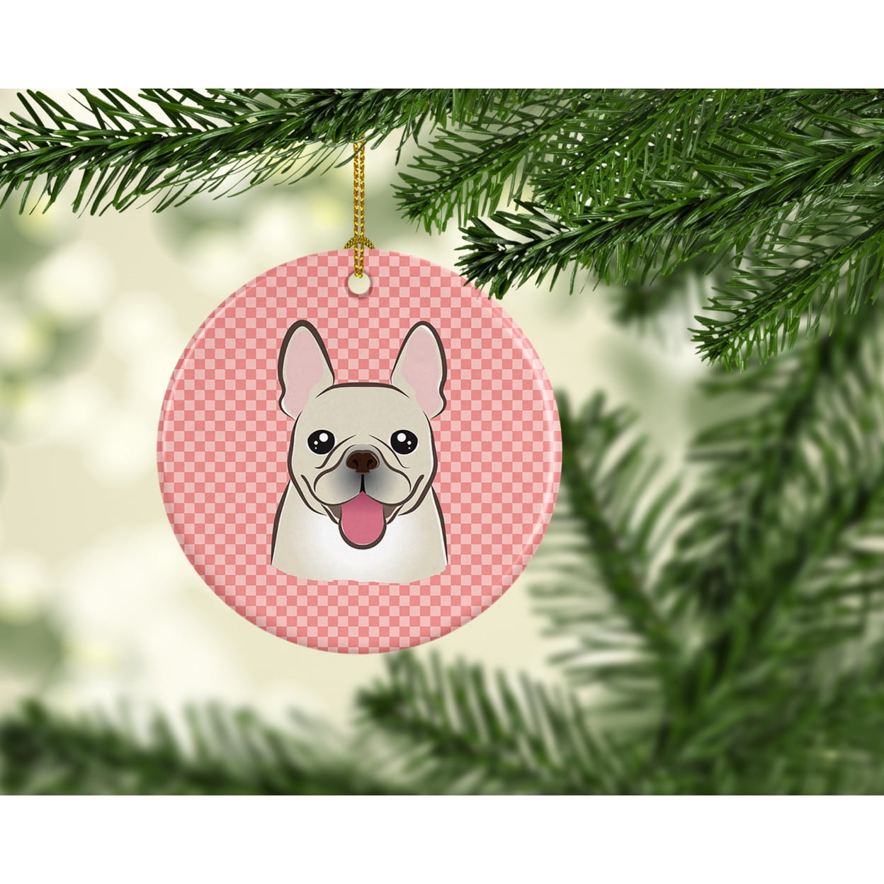 Checkerboard Pink French Bulldog Ceramic Ornament