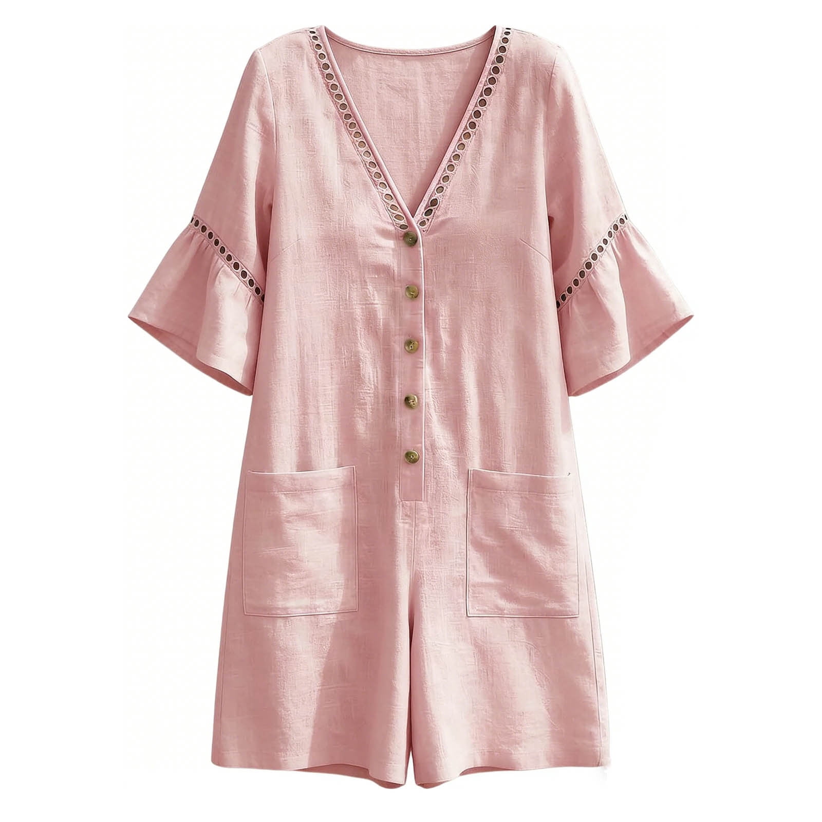 UPPADA Beach Jumpsuits for Women Casual V Neck Eyelet Trim Romper Short Sleeve Button Linen Overall Vacation Outfits with Pockets Pink,L