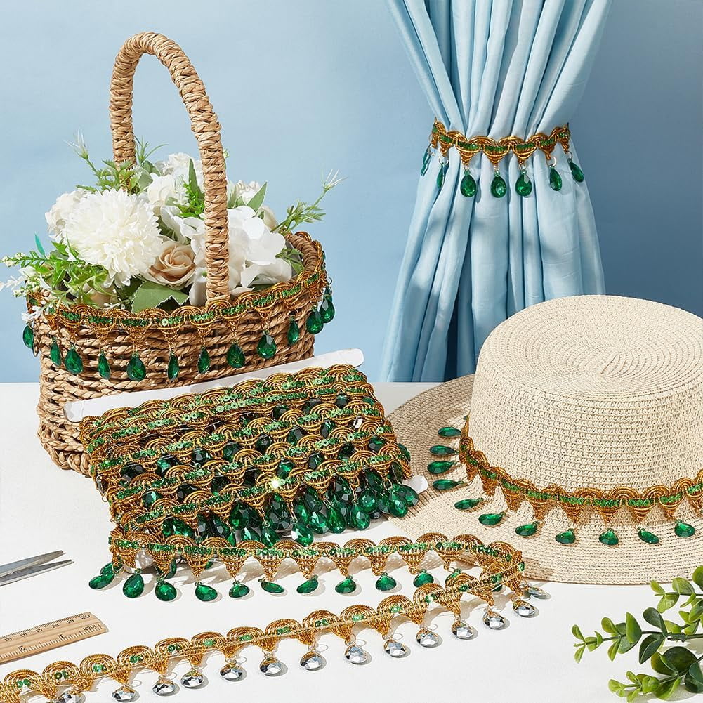 1pc 9m Hanging Beads Fringe Lace (48.5mm) Wide Green Rhinestone Bead Fringe Trim Polyester Sewing Fringe Tassel Trim by The yard for Handmade DIY Clothing Curtain Decor